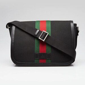 Gucci Black Canvas Techno Web Flap Messenger Bag